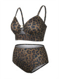 Plus Size Women Leopard Print Two-Piece High Waist Hollow Out Metal Ring Bikini Swimsuit