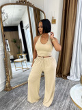 Summer Women Casual Street Halter Top & High Waist Wide Leg Pants Set