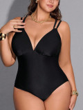 Plus Size Women Solid Color One-Piece Deep V Lace-Up Cross Low Back High Waist Tight Fitting Swimsuit