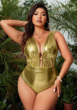 Plus Size Women Shiny Fabric Hollow Out One-Piece Swimsuit