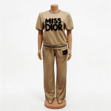 Summer Women Short Sleeve Round Neck Letter Embroidered Color Block Casual Tracksuit Two-Piece Set