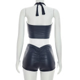 Women Crop Halter Neck Cami Top Tight Fitting Solid Color Shorts Two-Piece Set