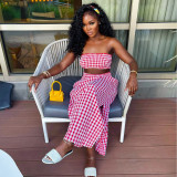Women Sexy Wrap Strapless Top Plaid Long Skirt Two-Piece Set