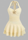 Women Elegant Textured Fabric Halter Neck Tie Mini Dress With Metal Starfish Decoration