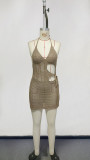 Women Sexy Hollow Out Slim Waist Halter Neck Bodycon Knit Beach Dress Holiday Style
