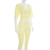 Women Solid Color V-Neck Ruffled Short Sleeve Top Tight Fitting Capri Pants Two-Piece Set