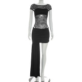 Spring Summer Women Sexy Lace Patchwork Ruched Skirt Set
