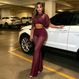 Women Solid Color Mesh Patchwork See-Through Crop Top Bell Bottom Pants Two-Piece Set