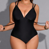 Plus Size Women Solid Color One-Piece Deep V Lace-Up Cross Low Back High Waist Tight Fitting Swimsuit