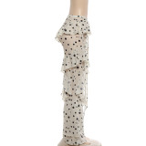Summer Women Polka Dot Printed Lace-Up Patchwork Ruffled Bell Bottom Pants