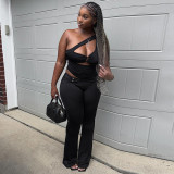 Summer Women Solid Color Slash Shoulder Hollow Out Open Waist Jumpsuit