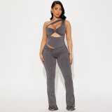 Summer Women Solid Color Slash Shoulder Hollow Out Open Waist Jumpsuit