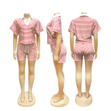 Women Summer Striped Polo Top and Shorts Two-Piece Set