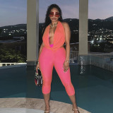 Women Fitted Cowl Neck Halter Neck Low Back Top Tight Fitting Capri Pants Two-Tone Set