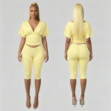 Women Solid Color V-Neck Ruffled Short Sleeve Top Tight Fitting Capri Pants Two-Piece Set