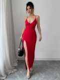 Spring Women Sexy V-Neck Strap Slit Dress Elegant High Waist Long Dress