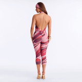 Women Deep V Printed Halter Neck Tight Fitting Capri Jumpsuit Two-Piece Set