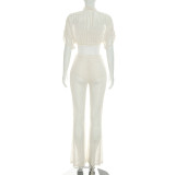 Women Solid Color Mesh Patchwork See-Through Crop Top Bell Bottom Pants Two-Piece Set