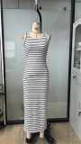 Women Striped Slit Dress Sexy Ribbed Knit Maxi Dress Holiday Style