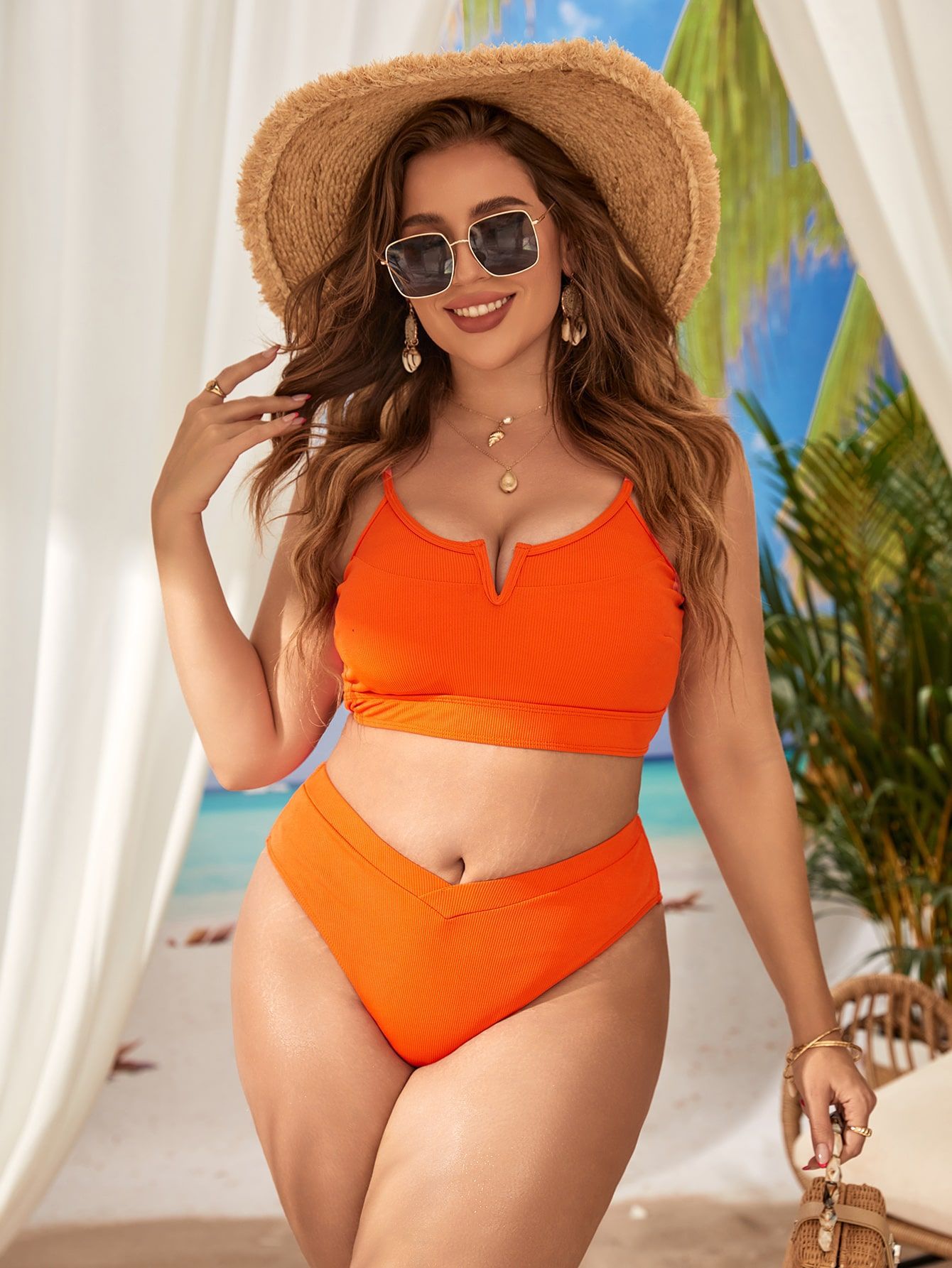 Plus Size Solid Hollow-Out Two-Piece Bikini Swimsuit