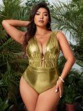 Plus Size Women Shiny Fabric Hollow Out One-Piece Swimsuit
