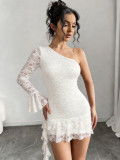 Summer Women Chic Lace One-Shoulder Fitted Mini Dress Sexy Party Dress