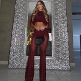 Women Solid Color Mesh Patchwork See-Through Crop Top Bell Bottom Pants Two-Piece Set
