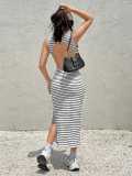 Women Striped Slit Dress Sexy Ribbed Knit Maxi Dress Holiday Style