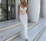 Women Sexy Low Cut V-Neck Halter Neck Hollow Out Knit Dress