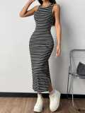 Women Striped Slit Dress Sexy Ribbed Knit Maxi Dress Holiday Style