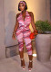 Women Deep V Printed Halter Neck Tight Fitting Capri Jumpsuit Two-Piece Set