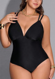 Plus Size Women Solid Color One-Piece Deep V Lace-Up Cross Low Back High Waist Tight Fitting Swimsuit