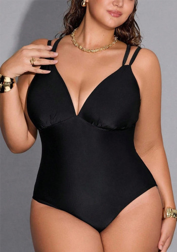 Plus Size Women Solid Color One-Piece Deep V Lace-Up Cross Low Back High Waist Tight Fitting Swimsuit