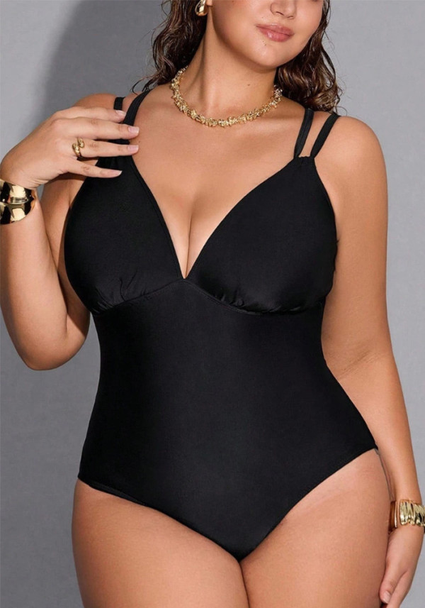 Plus Size Women Solid Color One-Piece Deep V Lace-Up Cross Low Back High Waist Tight Fitting Swimsuit