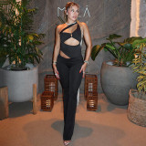 Summer Women Solid Color Slash Shoulder Hollow Out Open Waist Jumpsuit