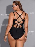 Plus Size Women Solid Color One-Piece Deep V Lace-Up Cross Low Back High Waist Tight Fitting Swimsuit