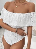 Women Sexy Off Shoulder Hollow Out Jacquard Ruffled Jumpsuit