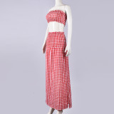 Women Sexy Wrap Strapless Top Plaid Long Skirt Two-Piece Set