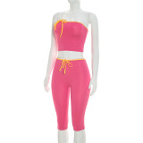 Women Sleeveless Sexy Crop Strapless Top Tight Fitting Capri Pants Color Block Set