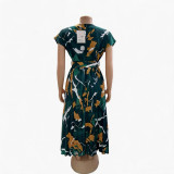 Summer Women Printed Pleated Midi Dress Slim Waist V-Neck Loose Casual Dress