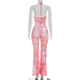 Summer Women Sexy Metallic Halter Neck Pink Printed Low Back Jumpsuit