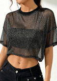 Women High Stretch Silver Cropped Round Neck Loose T-Shirt