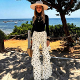 Summer Women Polka Dot Printed Lace-Up Patchwork Ruffled Bell Bottom Pants