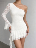 Summer Women Chic Lace One-Shoulder Fitted Mini Dress Sexy Party Dress