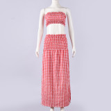 Women Sexy Wrap Strapless Top Plaid Long Skirt Two-Piece Set