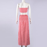 Women Sexy Wrap Strapless Top Plaid Long Skirt Two-Piece Set