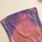 Women Color Block Tie-Dye Sequin Low Back Strapless Evening Party Dress