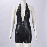 Women Faux Leather Halter Neck Low Back Sexy Hollow Out Tight Fitting Jumpsuit