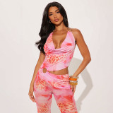 Summer Women Sexy Metallic Halter Neck Pink Printed Low Back Jumpsuit