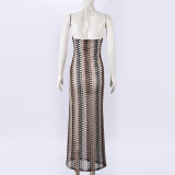 Women Color Block Patchwork Sexy Hollow Out Stretch Fitted Halter Neck Bodycon Dress